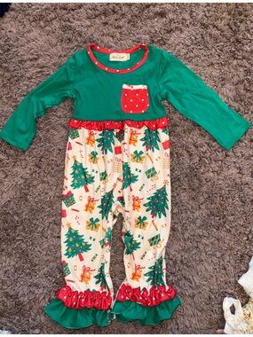 Mason & Co. Girls Green and Cream Christmas Tree One-Piece